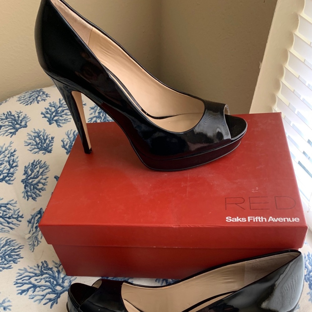 Saks Fifth Avenue Black Patent Peep-toe Heels